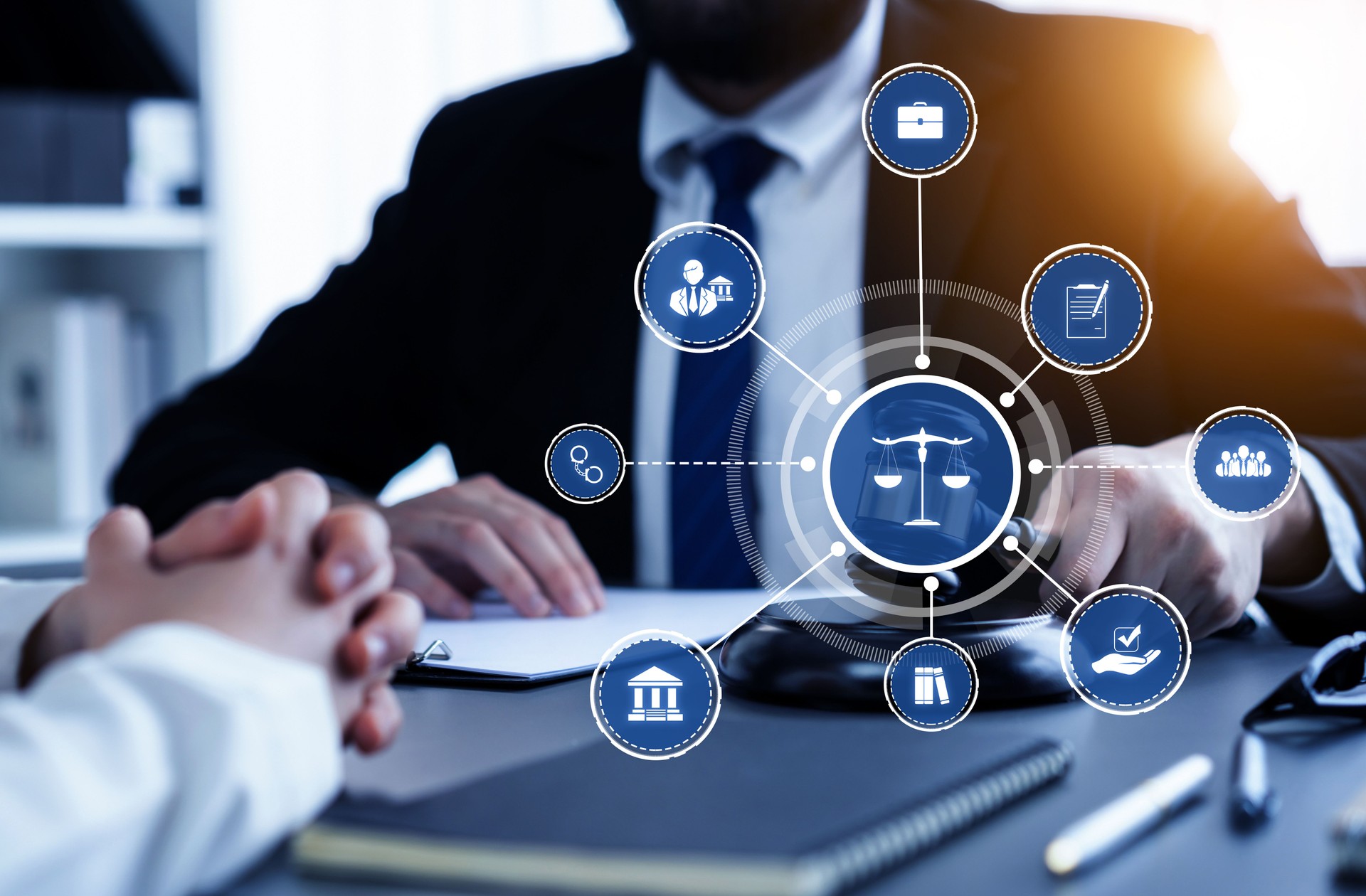 Smart law, legal advice icons and astute lawyer working tools in lawyers office